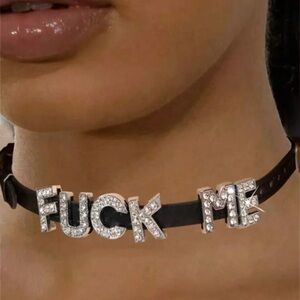 F*ck Me Rhinestone Letters Black Faux Leather Adjustable Chocker Necklace BDSM